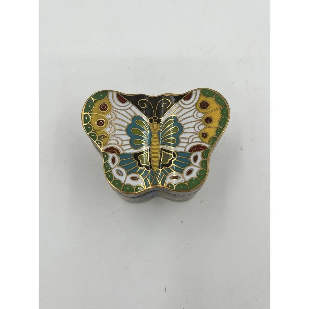 Cloisonne Pill Box Trinket Candle Metal Container  BUTTERFLY Design Multicolor